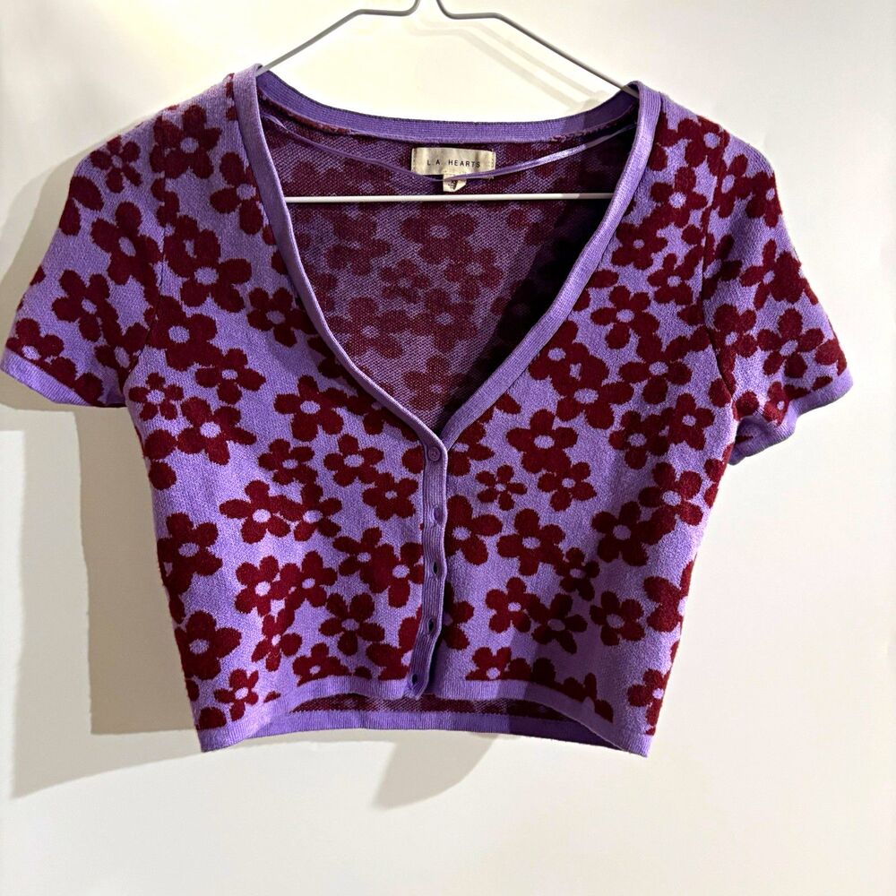 L.A. Hearts XS Purple Floral Knit V-Neck Button Cardigan RN#090233
